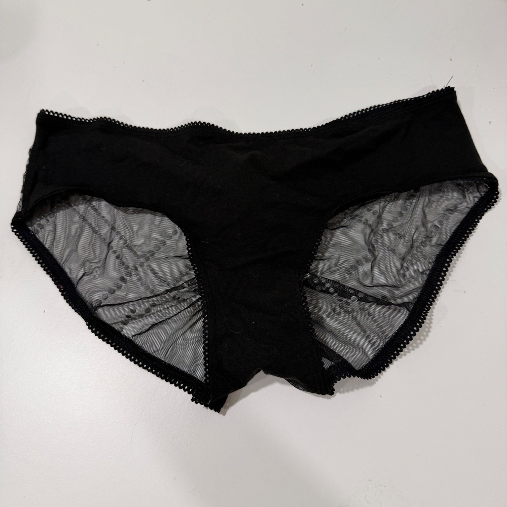 Victorias Secret Black Mesh Hiphugger Panties Silver Foil Dot Ruched Medium NEW